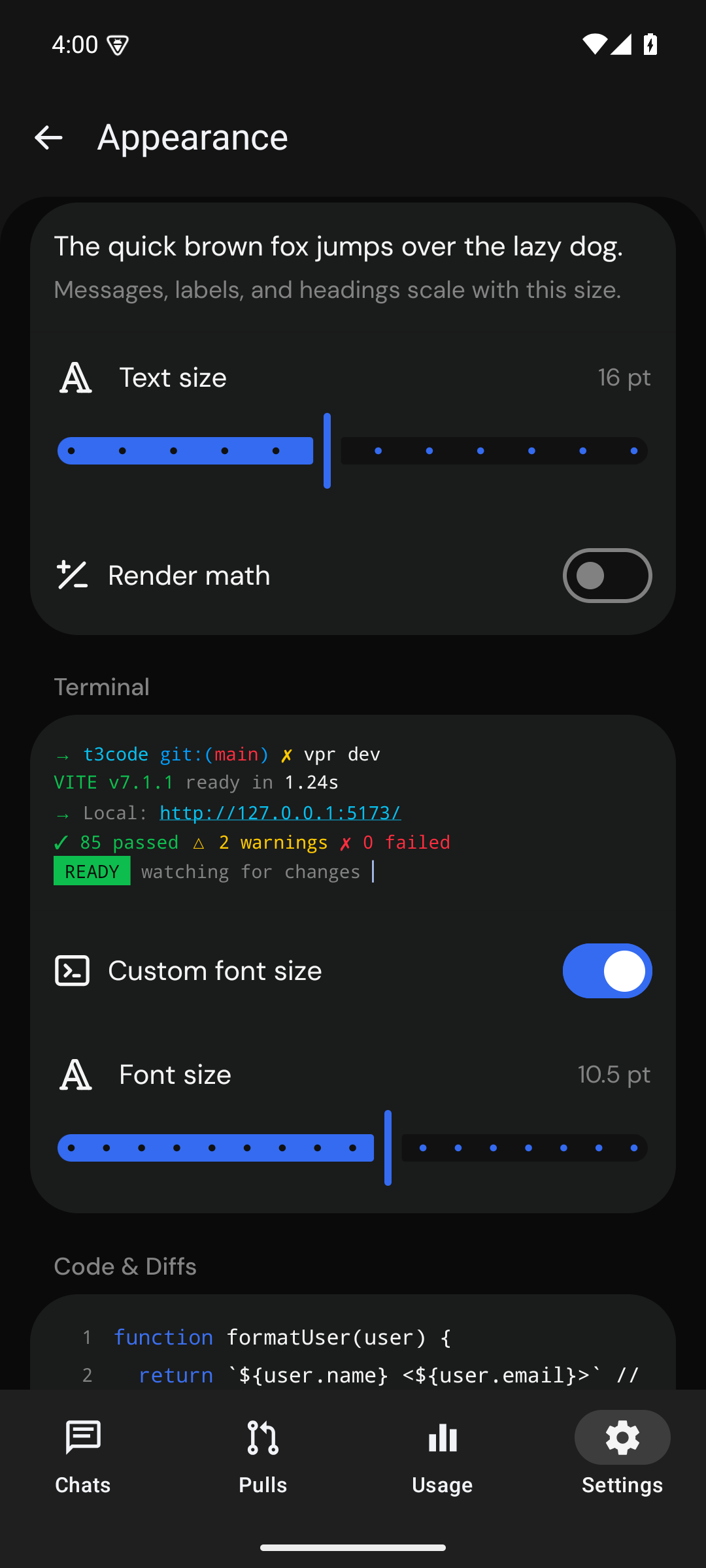 after: exact pr head uses monospace terminal text on android api 35 at 10.5 pt