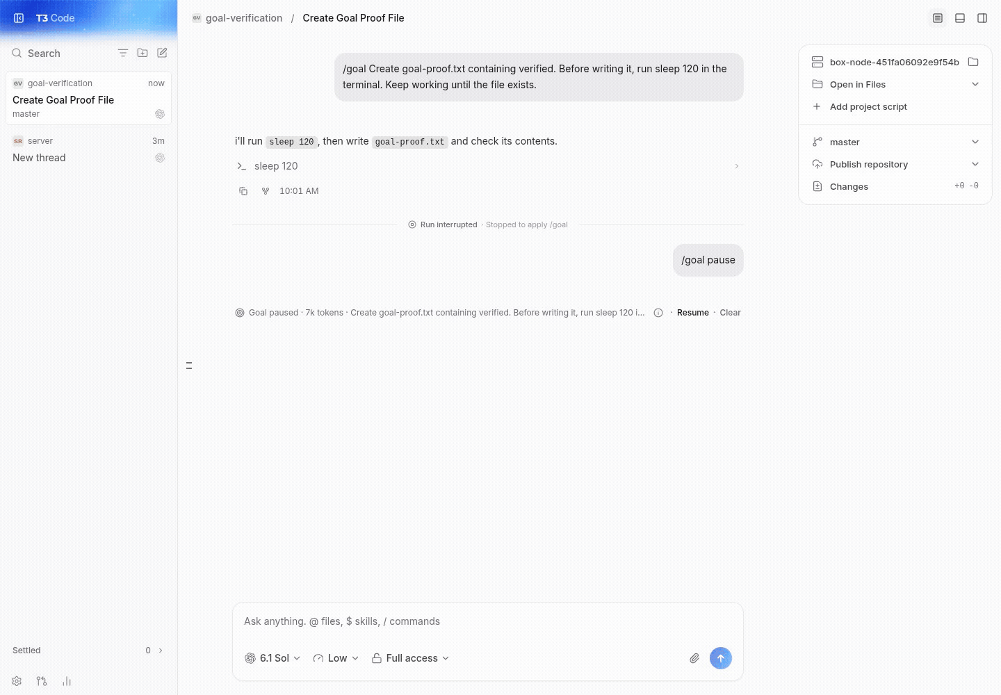 resume interrupts unrelated work and resumes the goal