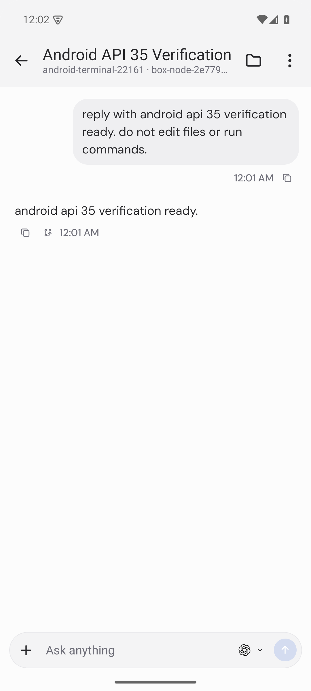 Android app shows a completed real Codex turn in the app-created project