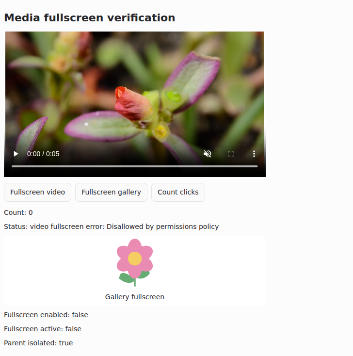 main: video fullscreen denied, fullscreen disabled, parent isolation retained