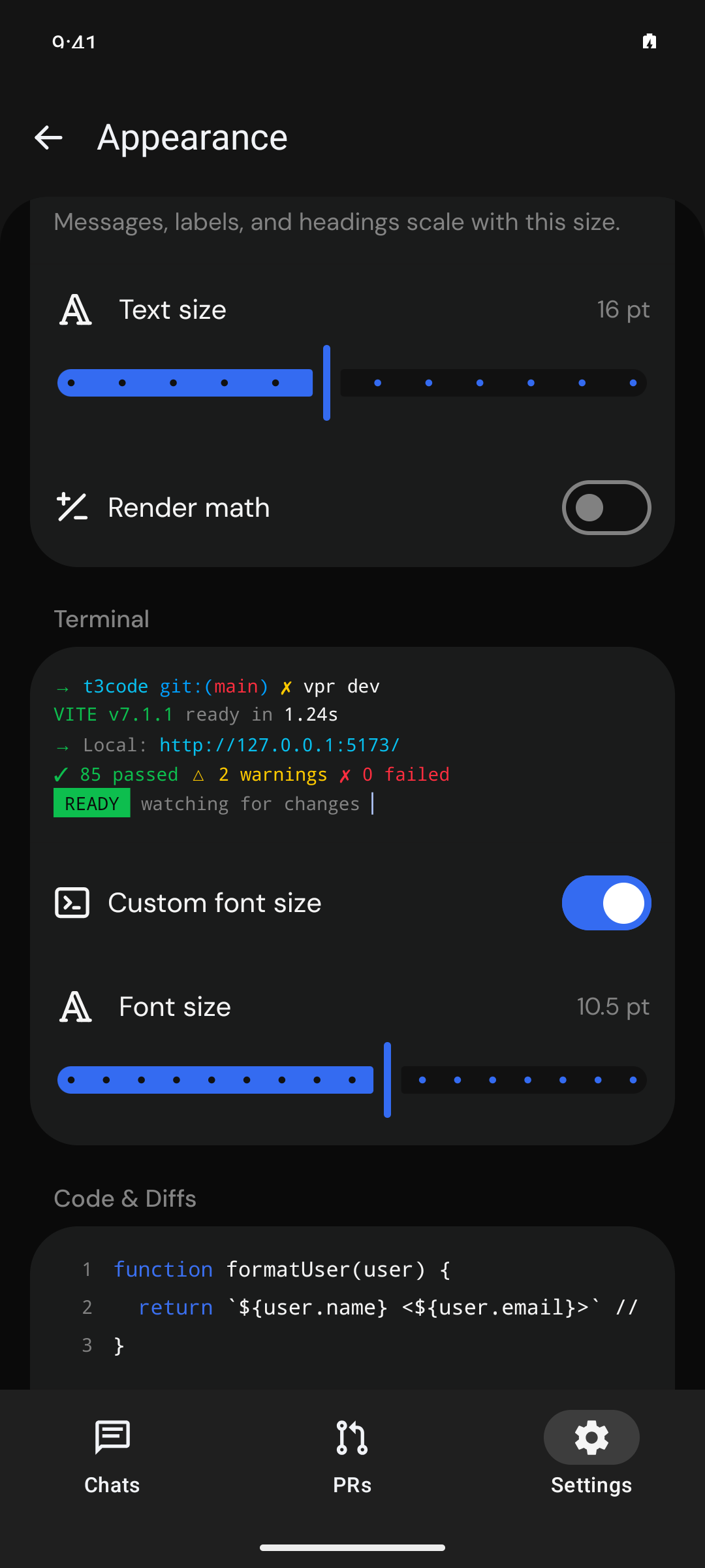 original android after: terminal sample uses monospace at 10.5 pt