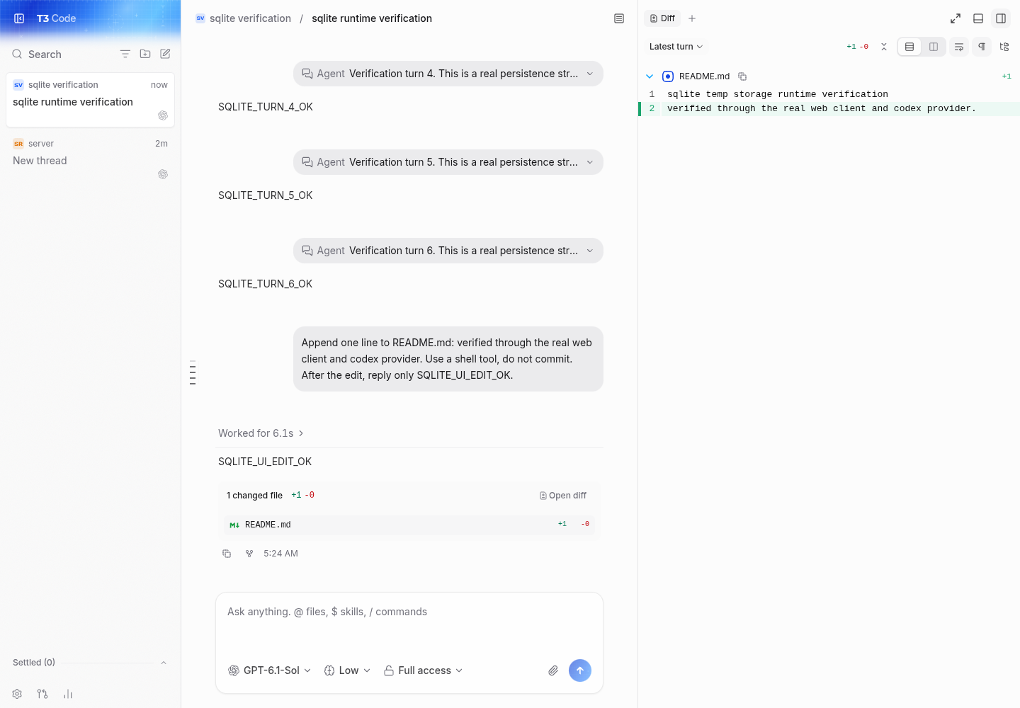conversation and one-line checkpoint diff recovered after server restart