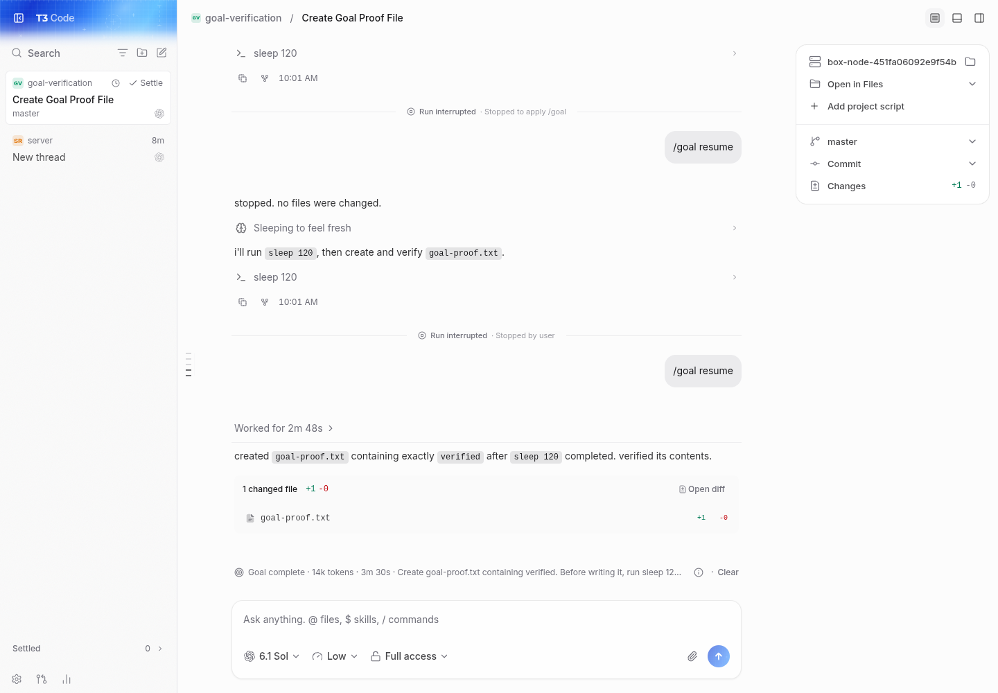 resumed goal completes and creates the requested file