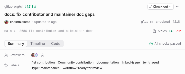 the updated GitLab MR detail shows 45 additions and 12 deletions