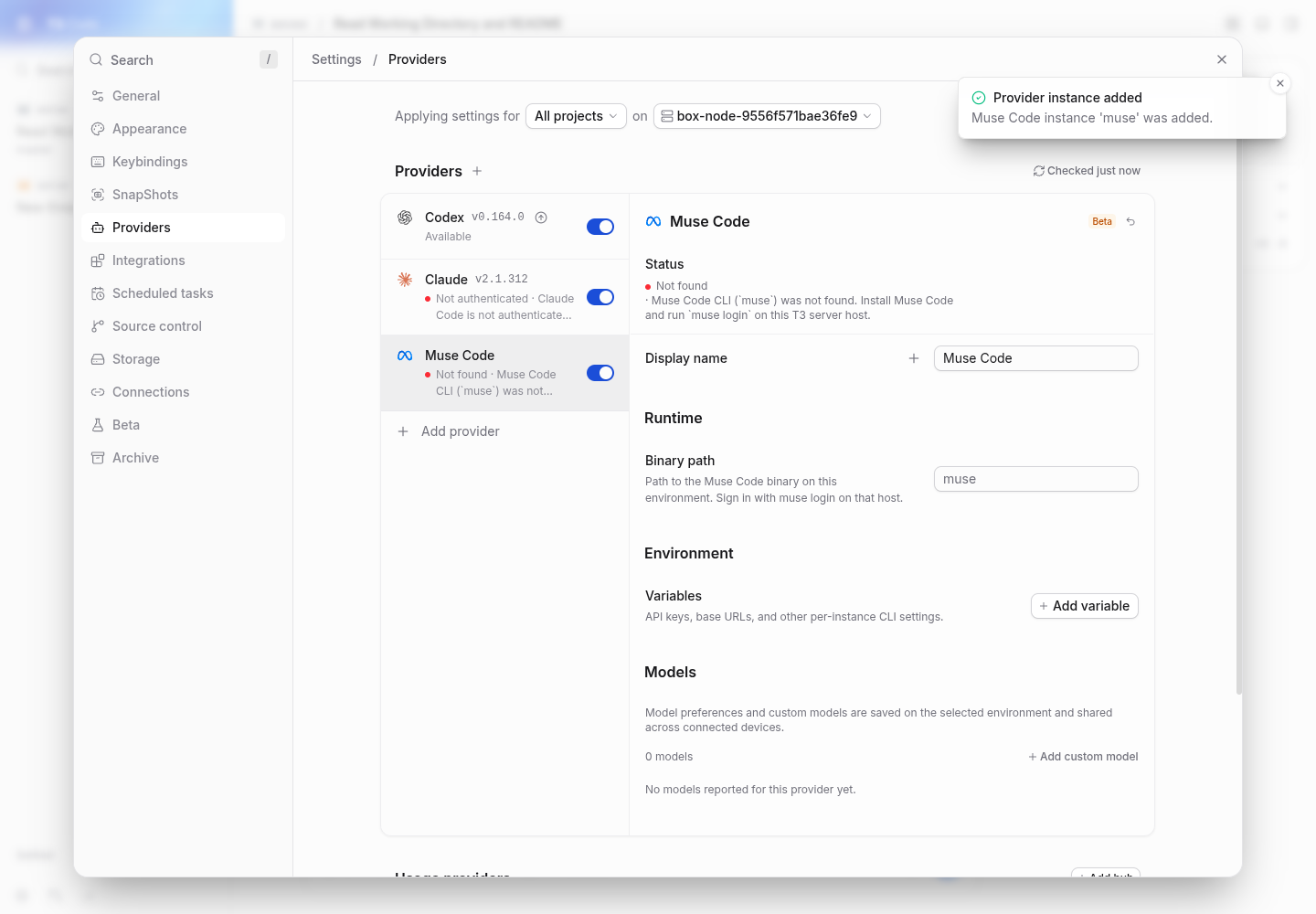 running app reports muse cli missing and zero models