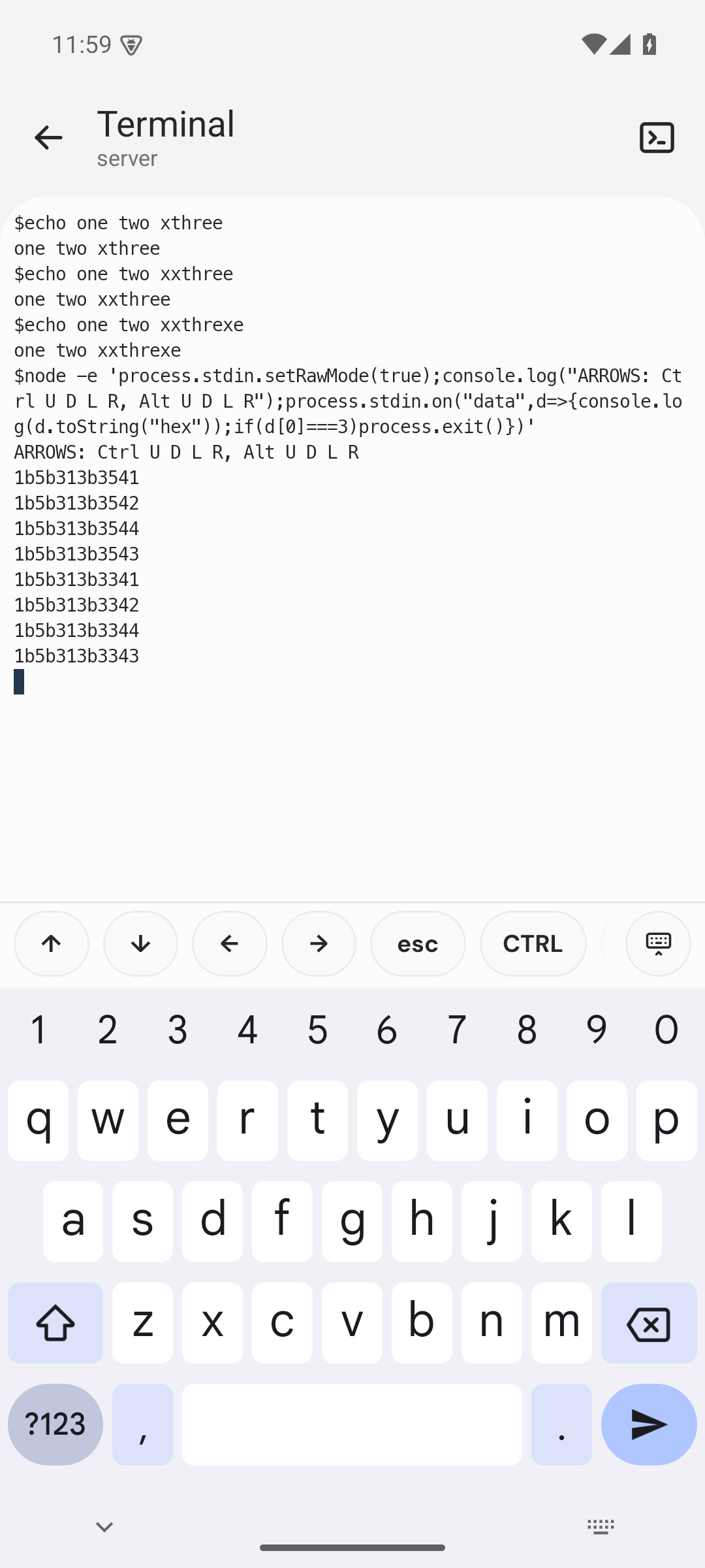 Android terminal shows the eight expected Ctrl and Alt arrow byte sequences