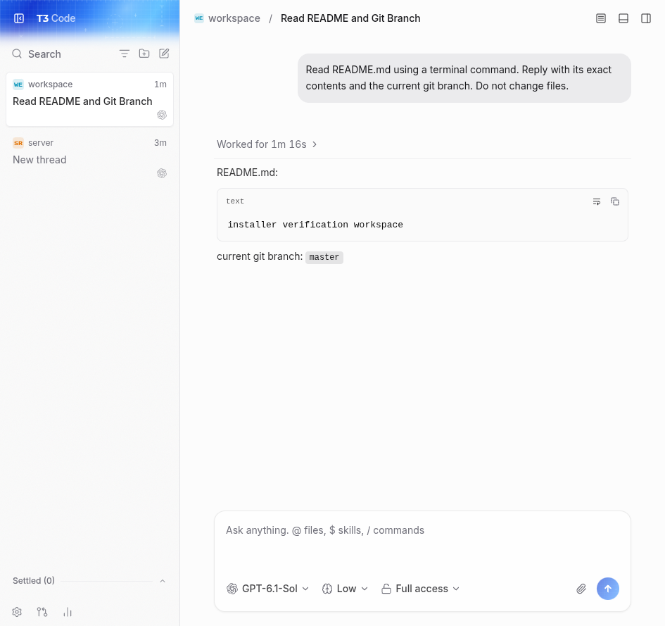 real codex readme and git branch response