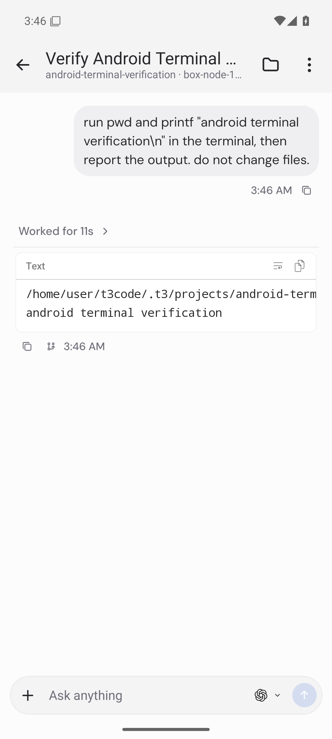 real codex command output in the paired android client
