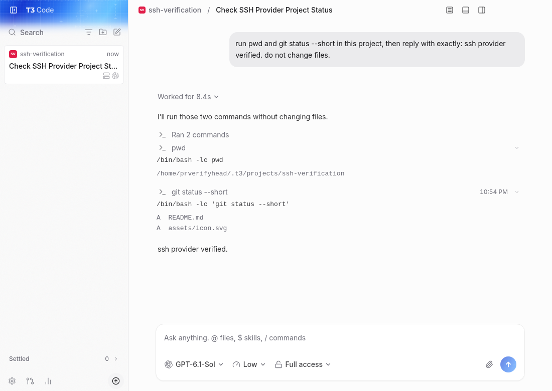 real Codex turn shows commands and output from the SSH environment