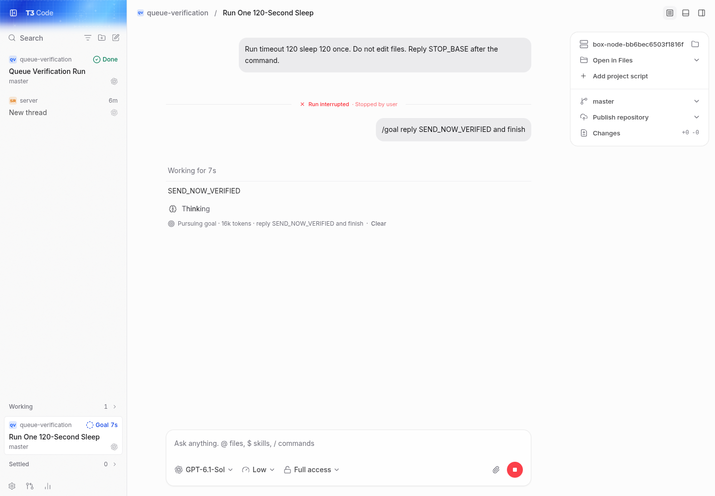 stopped-thread send now reaches Codex and returns SEND_NOW_VERIFIED
