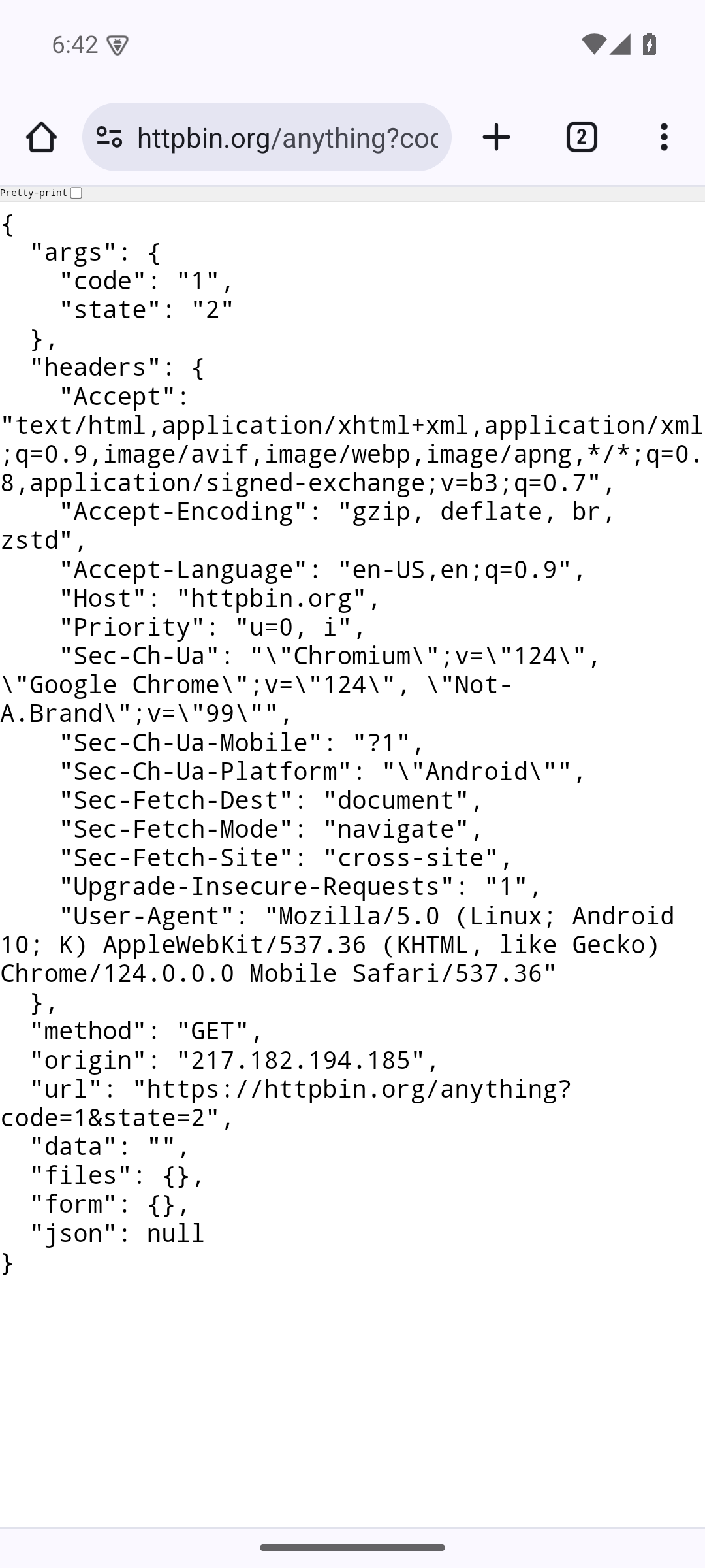 after: android chrome receives code=1 and state=2