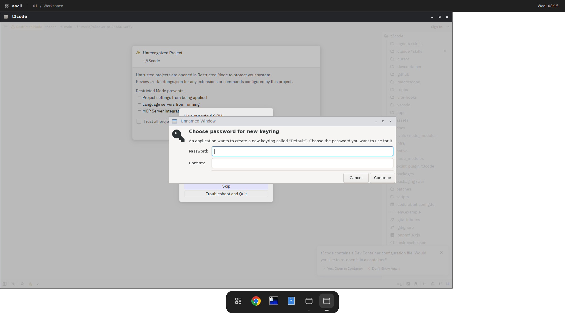 linux zed opened the repository but first-run dialogs block full usability