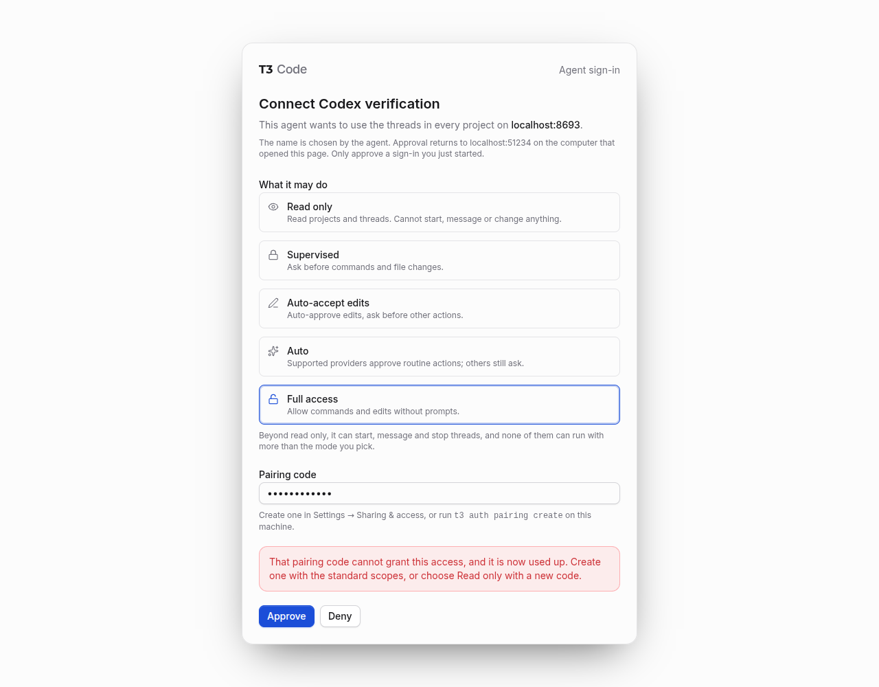 main: full-access rejection consumes the read-only code