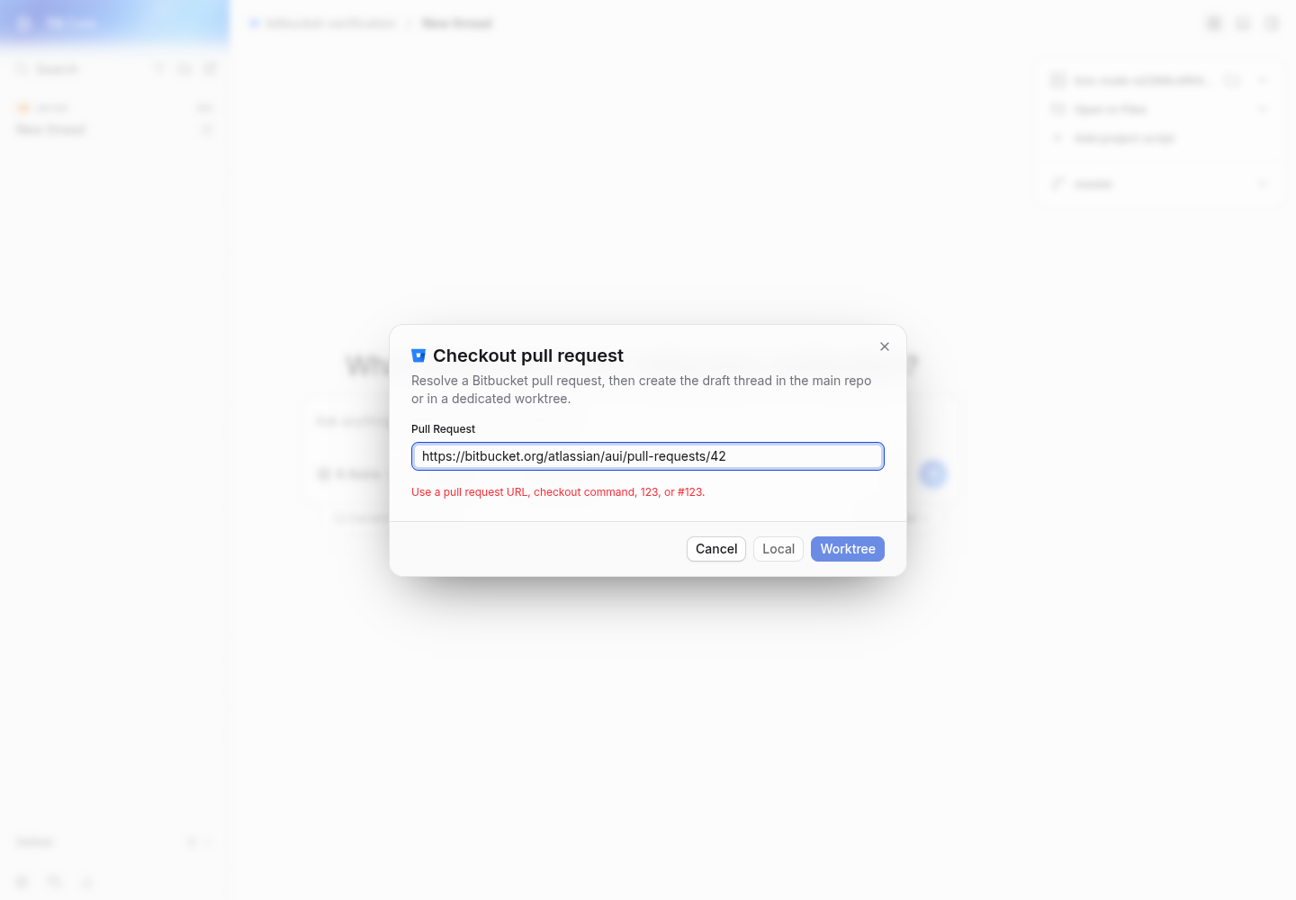 main checkout dialog rejects the aui pull request URL