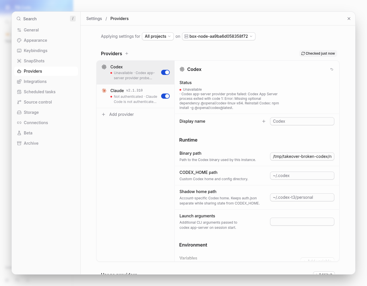 final branch: codex startup error names the missing package and reinstall command