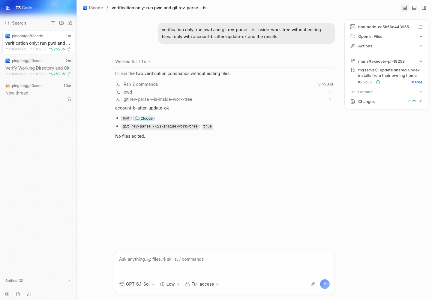 pr: new account-b session runs real shell commands