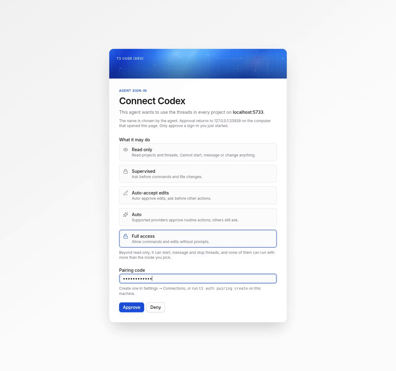 real codex login: reject full access, reuse the code with read only, complete authentication