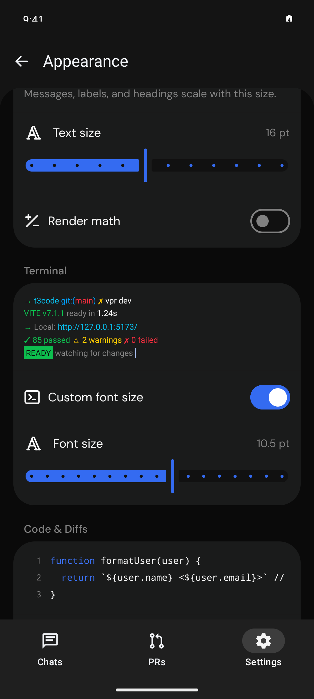 original android before: terminal sample uses proportional text at 10.5 pt