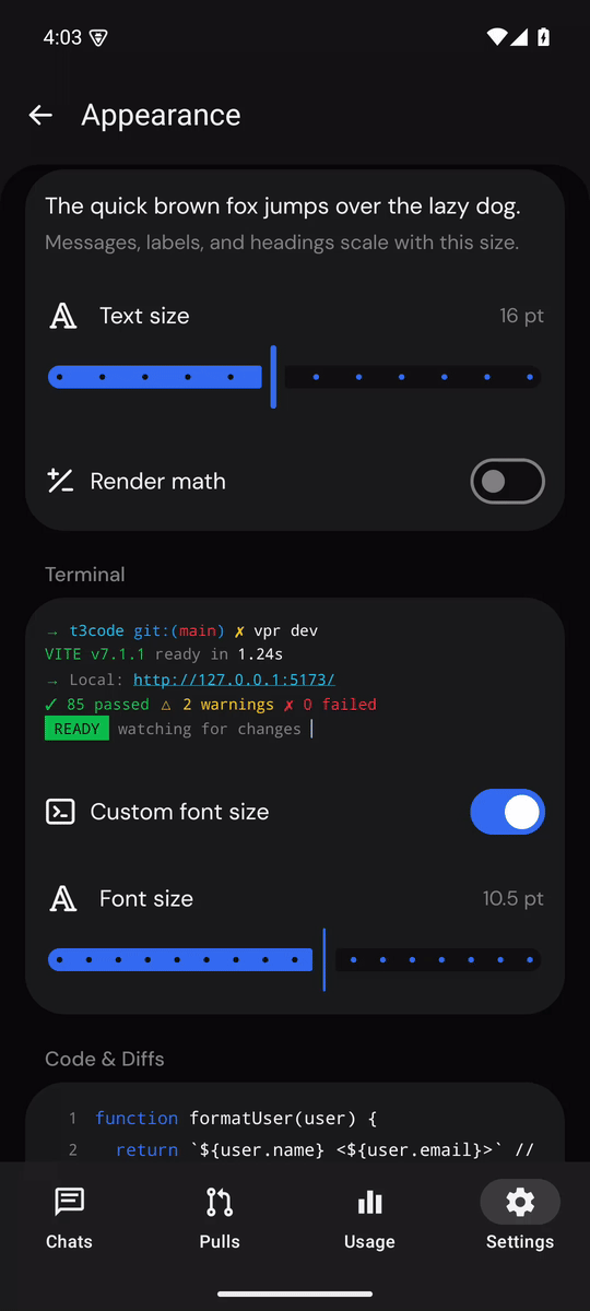 android font-size slider and custom-size toggle interaction